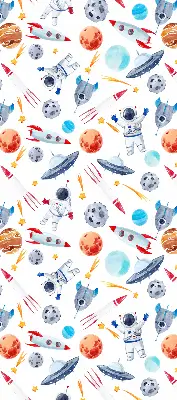 Fensterrollo mit Motiven von Raketen, Kosmonauten, Planeten und UFOs