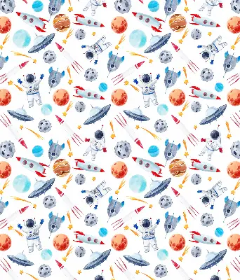Fensterrollo mit Motiven von Raketen, Kosmonauten, Planeten und UFOs