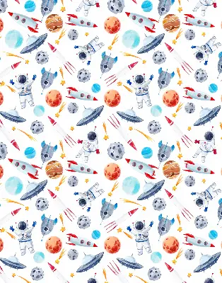 Fensterrollo mit Motiven von Raketen, Kosmonauten, Planeten und UFOs