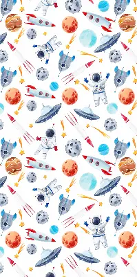 Fensterrollo mit Motiven von Raketen, Kosmonauten, Planeten und UFOs