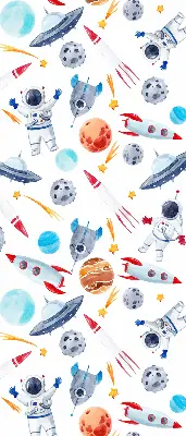 Fensterrollo mit Motiven von Raketen, Kosmonauten, Planeten und UFOs