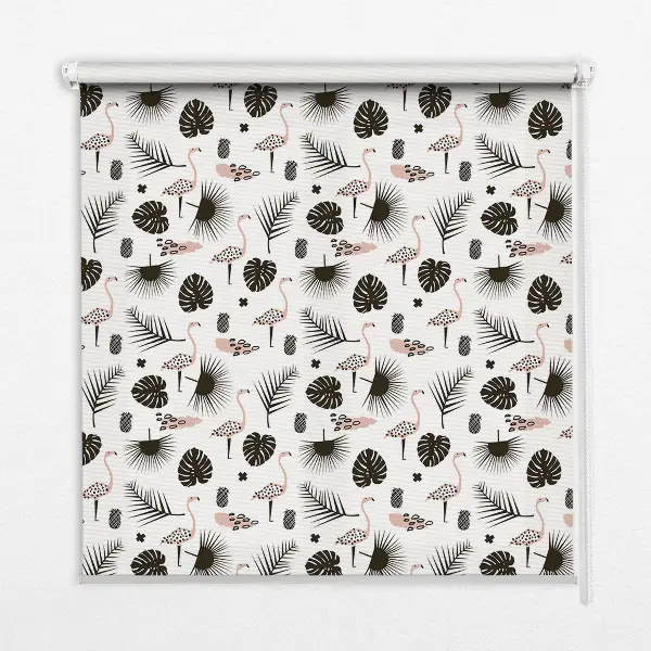 Fensterrollo mit Motiv von Flamingos und Blättern