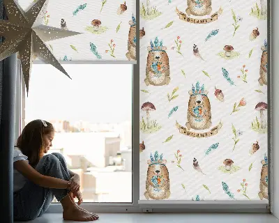 Fensterrollo mit Motiv von Teddybären und Pflanzen