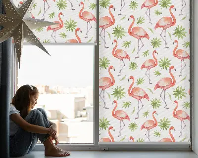 Fensterrollo für den Innenbereich mit Motiv von Flamingos und Blättern