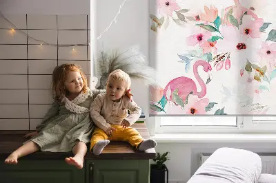Rollo Fenster mit Motiv Flamingos zwischen Blumen