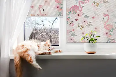 Rollo Fenster mit Motiv Flamingos zwischen Blumen