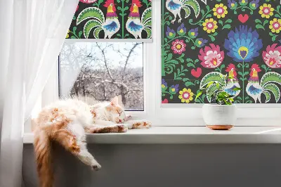 Fensterrollo für den Innenbereich mit Motiv Bunte Hähne