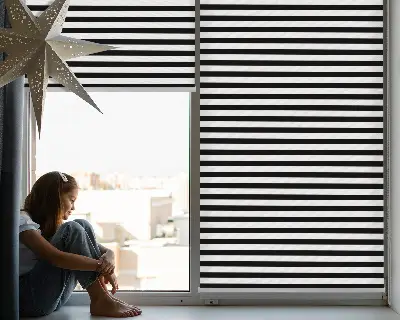 Fensterrollo mit schwarzem Streifenmuster