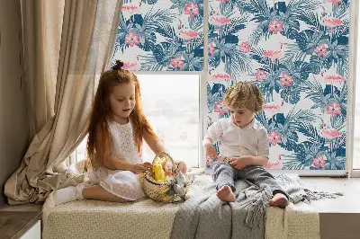 Fensterrollo für den Innenbereich mit tropischem Pflanzen und Flamingos Motiv