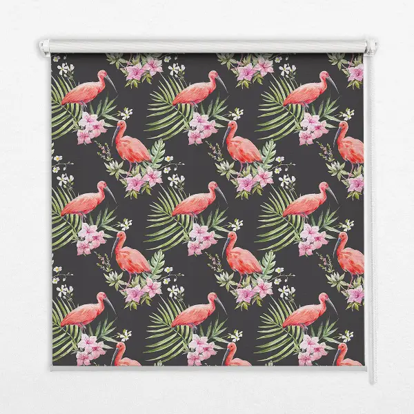 Fensterrollo für den Innenbereich mit Flamingos auf Pflanzen Motiv