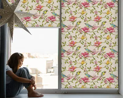 Fensterrollo mit Motiv von Vögeln auf Blumen