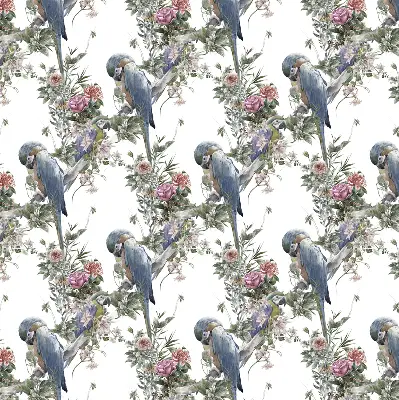 Fensterrollo für den Innenbereich mit Motiv von Papageien auf Blumen