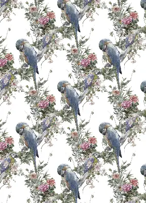 Fensterrollo für den Innenbereich mit Motiv von Papageien auf Blumen