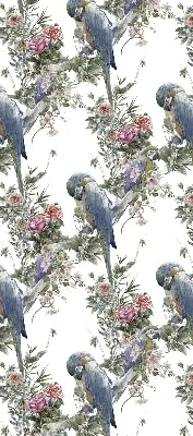 Fensterrollo für den Innenbereich mit Motiv von Papageien auf Blumen