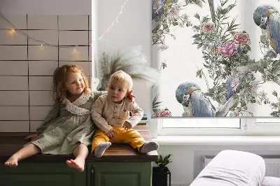 Fensterrollo für den Innenbereich mit Motiv von Papageien auf Blumen