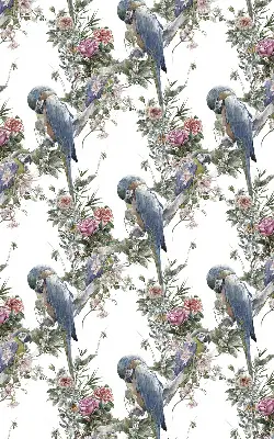 Fensterrollo für den Innenbereich mit Motiv von Papageien auf Blumen
