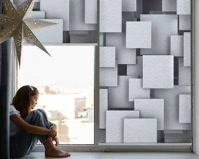 Rollo Fenster mit grauen 3D Quadraten
