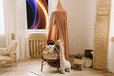 Fensterrollo mit animiertem Motiv in Orange und Blau