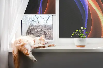 Fensterrollo mit animiertem Motiv in Orange und Blau