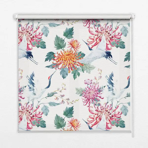 Fensterrollo mit Motiv Reiher und Blume