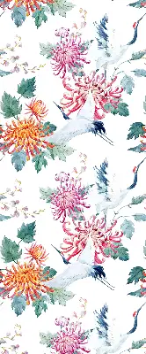 Fensterrollo mit Motiv Reiher und Blume