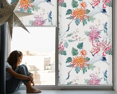 Fensterrollo mit Motiv Reiher und Blume
