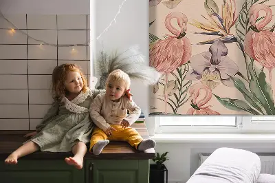 Fensterrollo mit Motiv Flamingos und Blumen