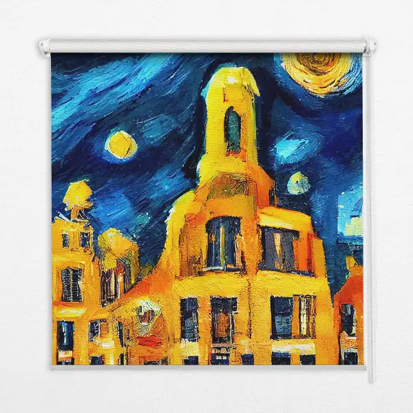 Fensterrollo mit dem Motiv einer gemalten Stadt