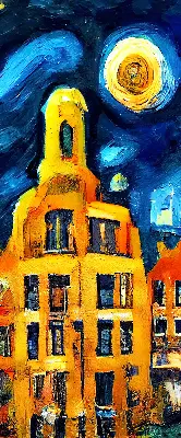 Fensterrollo mit dem Motiv einer gemalten Stadt