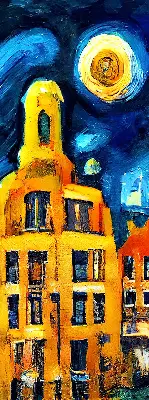 Fensterrollo mit dem Motiv einer gemalten Stadt