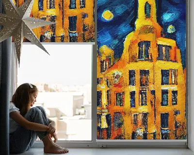 Fensterrollo mit dem Motiv einer gemalten Stadt