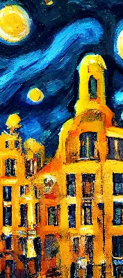 Fensterrollo mit dem Motiv einer gemalten Stadt