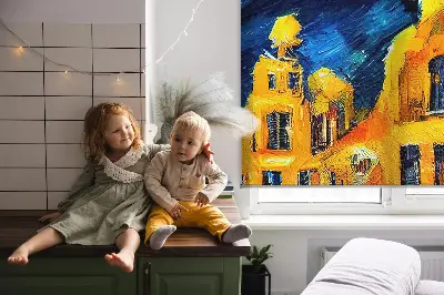Fensterrollo mit dem Motiv einer gemalten Stadt