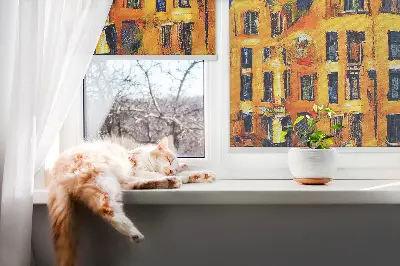 Fensterrollo mit dem Motiv einer gemalten Stadt