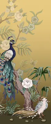 Fensterrollo mit Motiv von einem Pfau auf einem Baum
