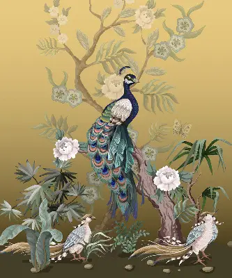 Fensterrollo mit Motiv von einem Pfau auf einem Baum