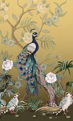 Fensterrollo mit Motiv von einem Pfau auf einem Baum