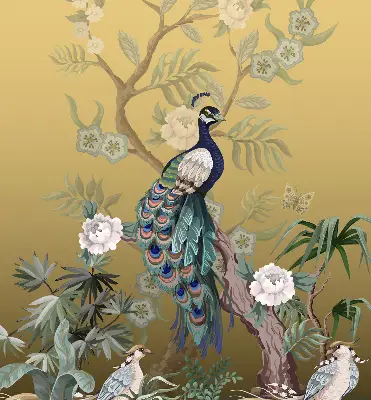 Fensterrollo mit Motiv von einem Pfau auf einem Baum