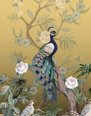 Fensterrollo mit Motiv von einem Pfau auf einem Baum