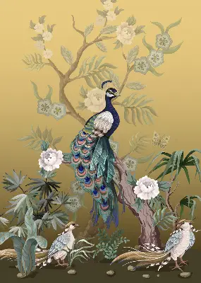 Fensterrollo mit Motiv von einem Pfau auf einem Baum