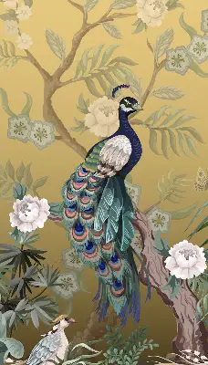 Fensterrollo mit Motiv von einem Pfau auf einem Baum