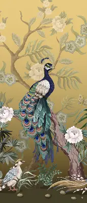 Fensterrollo mit Motiv von einem Pfau auf einem Baum
