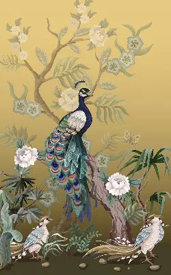 Fensterrollo mit Motiv von einem Pfau auf einem Baum