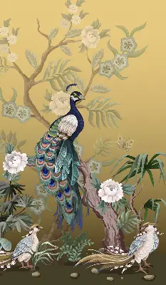 Fensterrollo mit Motiv von einem Pfau auf einem Baum