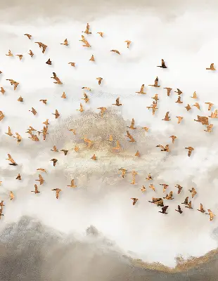 Fensterrollo für den Innenbereich mit einem Motiv von einem Vogelschwarm