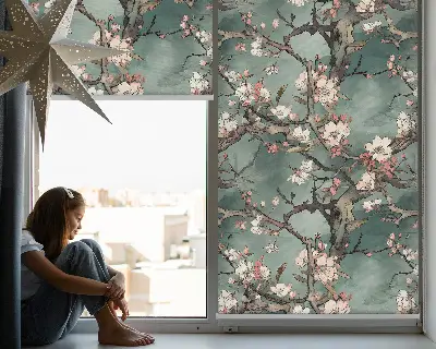 Rollo Fenster mit Motiv Blumen am Baum