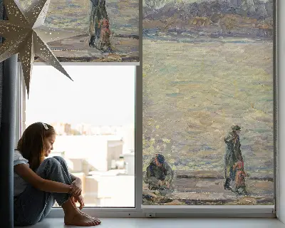 Fensterrollo mit dem Motiv Menschen auf dem Wasser