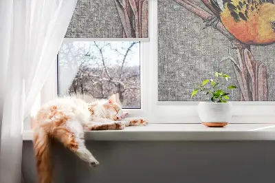 Fensterrollo mit Motiv von einem Vogel auf einem Ast