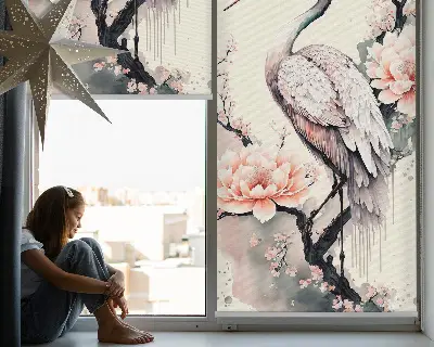 Fensterrollo mit Motiv Reiher in Blumen