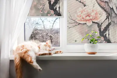 Fensterrollo mit Motiv Reiher in Blumen